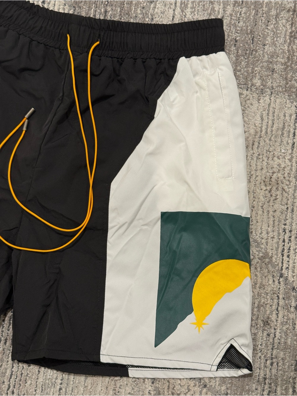 Rhude Black and White Athletic Shorts with Yellow Drawstring - Picture 4 of 7